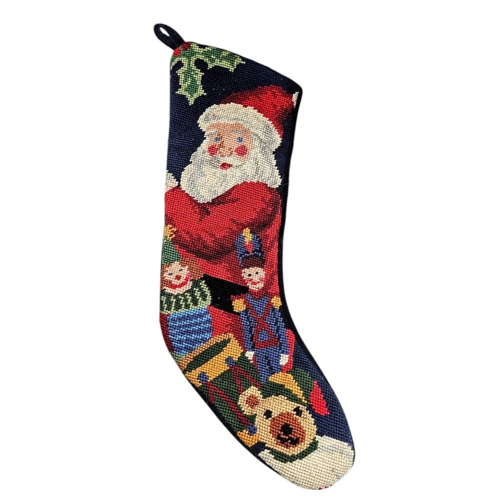 Vintage Wool Hand Made Needlepoint Christmas Stocking Santa Claus And Toys